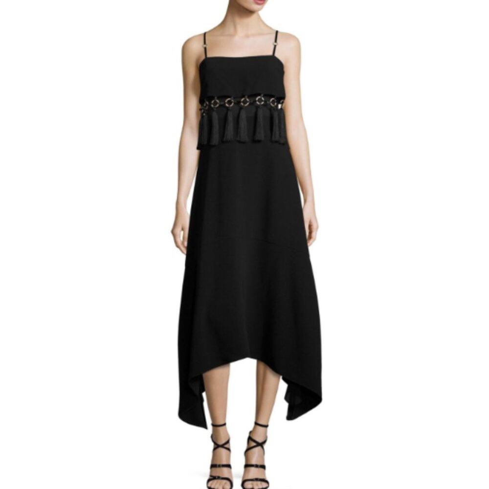 Cinq a Sept Black Tassel-Trim Midi Dress